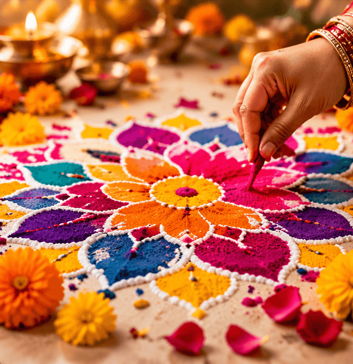A hand filling a colourful floral rangoli with pink powder