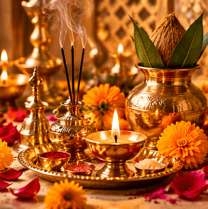 A brass puja thali with a lit diya, incense, and flowers