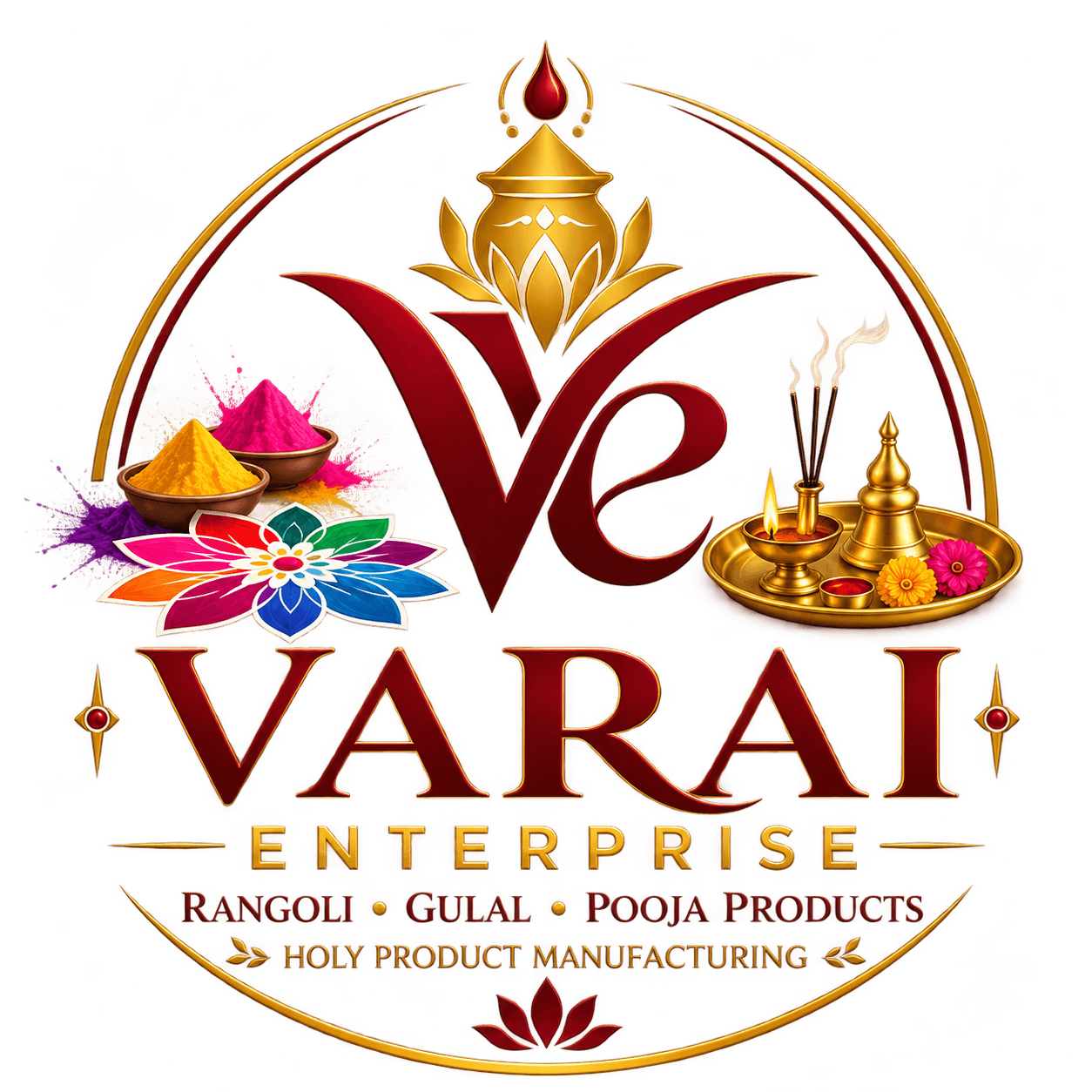 Varai Enterprise emblem with rangoli, gulal, and a puja thali